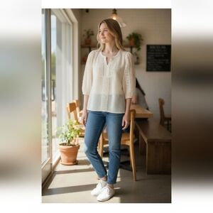 Elle Womens Size Medium Sheer Swiss Dot Blouse Back Waist Tie 3/4 sleeve…